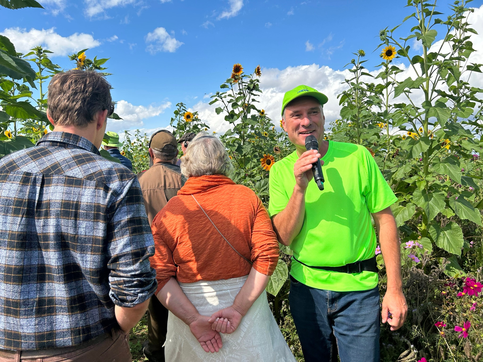 Event und Besucher mitten in einer blühenden GEOXIP Ackerwerbung mit Sonnenblumen – nachhaltige OOH Aktivierung, Naturerlebnis, Kundenimpact und Geobranding vor Ort